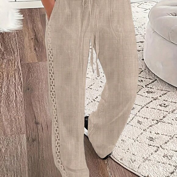 Khaki Casual Women's Side Lace Solid Denim Effect Long Pants - Picture 1 of 4